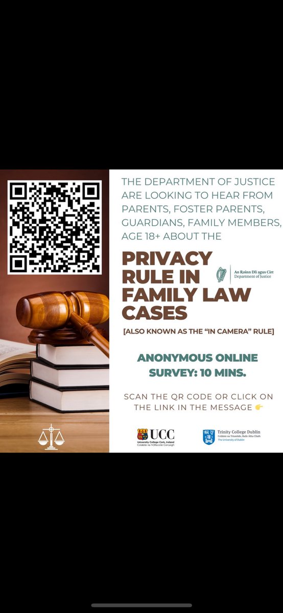 Aisling Parkes (@aislingparkes) on Twitter photo Do you have an experience in the family law courts in Ireland? Do you have a view on the privacy (in camera) rule? The <a href="/DeptJusticeIRL/">Department of Justice, Home Affairs and Migration</a> wants to hear from you. Complete our 10 min. survey: forms.office.com/e/ANkL9pemxK
<a href="/AislingParkes/">Aisling Parkes</a> <a href="/McCaughrenS/">Simone McCaughren</a> <a href="/SWSP_TCD/">SWSP_TCD</a> <a href="/LawUCC/">UCC School of Law</a> <a href="/johnomurph/">john murphy</a> Do you have an experience in the family law courts in Ireland? Do you have a view on the privacy (in camera) rule? The <a href="/DeptJusticeIRL/">Department of Justice, Home Affairs and Migration</a> wants to hear from you. Complete our 10 min. survey: forms.office.com/e/ANkL9pemxK
<a href="/AislingParkes/">Aisling Parkes</a> <a href="/McCaughrenS/">Simone McCaughren</a> <a href="/SWSP_TCD/">SWSP_TCD</a> <a href="/LawUCC/">UCC School of Law</a> <a href="/johnomurph/">john murphy</a>
