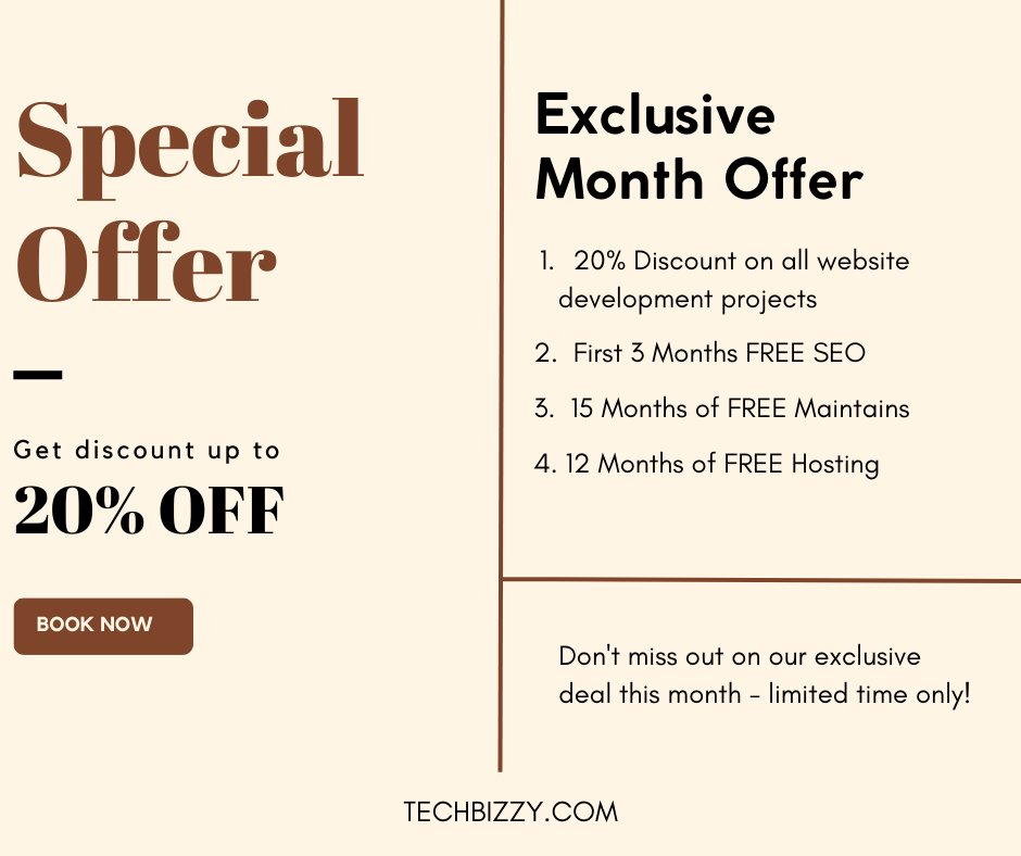 Tech_bizzy's tweet image. 🎉 Techbizzy Special Offer! 🎉

20% off website development
3 months free SEO services
15 months free maintenance
12 months free hosting
Book by Aug 15 to avail this offer: Book Now

#WebDevelopment #SEO #Techbizzy