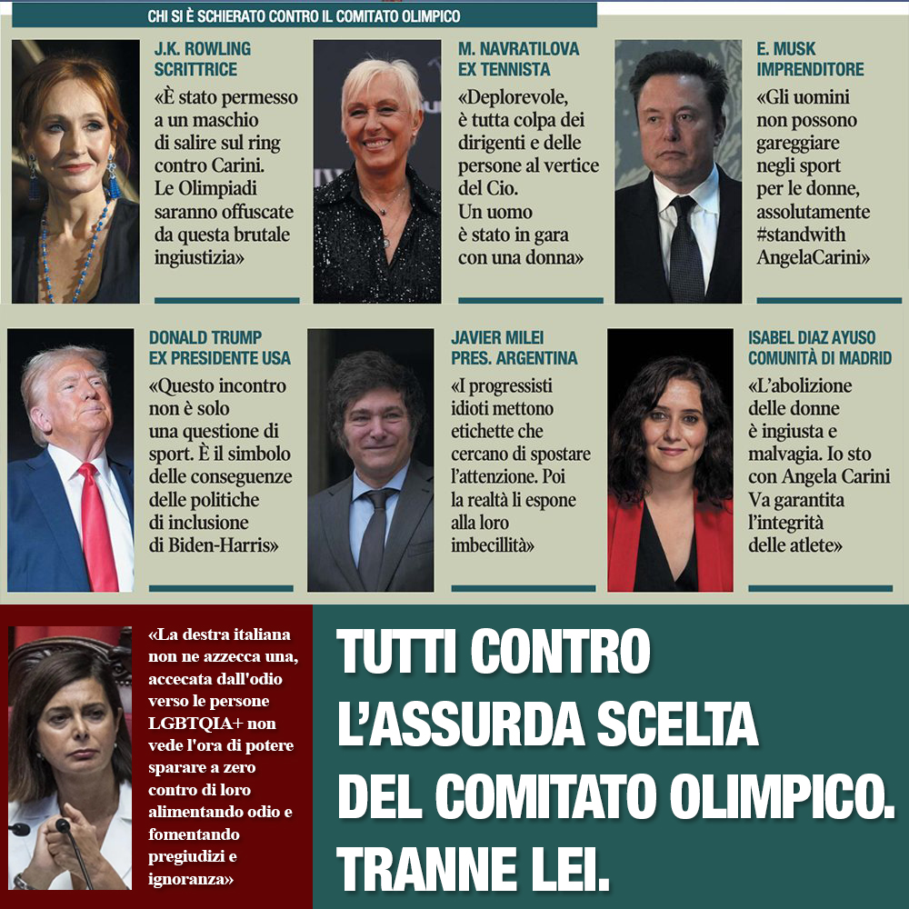 AlessioColzani's tweet photo. 🙈 TUTTI #CONTRO L'ASSURDA #SCELTA DEL #COMITATO OLIMPICO, TRANNE LA #BOLDRINI

Laura Bodrini, parlamentare PD ed ex PresidentA della Camera, attacca "la destra italiana, accecata dall'odio verso le persone LGBTQIA+"! https://t.co/QCp4RCB7n7