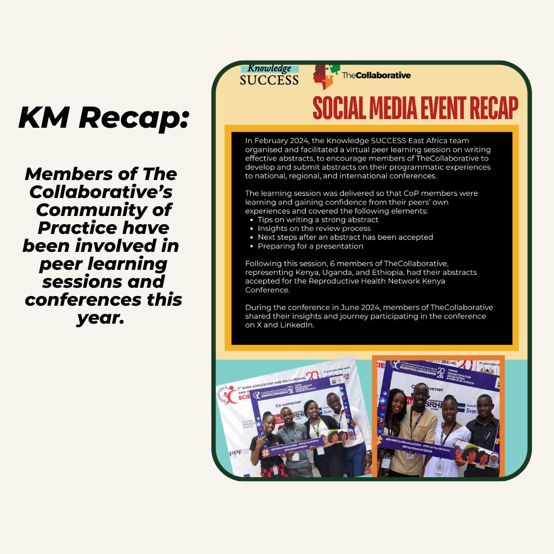 fprhknowledge's tweet photo. In Feb, Knowledge SUCCESS East Africa hosted a virtual session on writing abstracts. CoP members learned about writing, review, and presentations. 

Result: 6 members from Kenya, Uganda, and Ethiopia had abstracts accepted at the Reproductive Health Network Kenya Conference. https://t.co/iWGNbk1Fhm