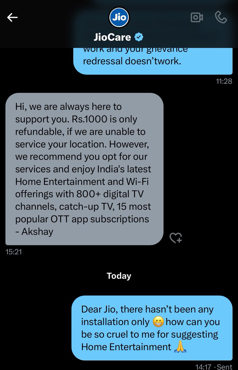 niju_vatsy's tweet image. When Jio doesn’t care to refund but suggests to enjoy Home Entertainment on yet to be installed Jio Fiber even after One Month of booking and multiple complaints. #jiohelp #AmbaniWedding @reliancejio #badservicesjio #MukeshAmbani #WakeUp @JioCare @reliancegroup