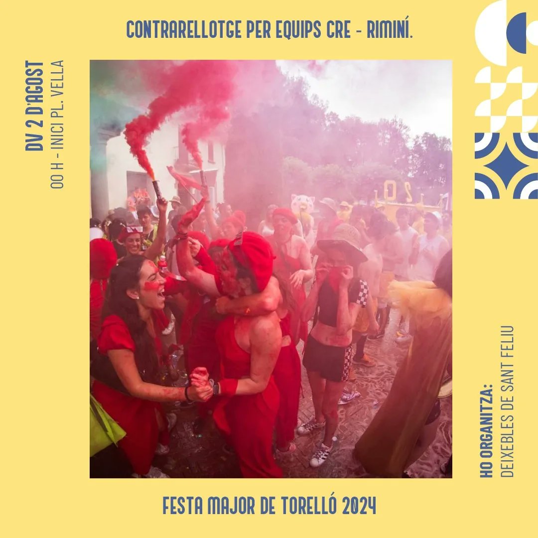 Traca final de la Festa Major! 💥 Després de pràcticament 2 setmanes amb activitats, arribem a l'últim dia amb el Rimini! Avui a Torelló despedim una Festa Major marcada pel bon temps i la calor!🌞 Esteu a punt equips per aquesta nit?

@ajuntamentdetorello @deixebles