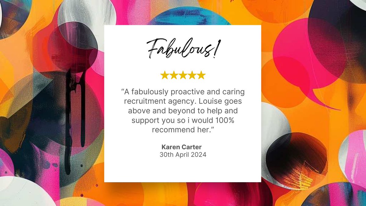 "A fabulously proactive and caring recruitment agency. Louise goes above and beyond to help and support you so i would 100% recommend her.
"So glad i listened to her suggestions. New job TICK."
Karen Carter, Google Reviews
#DreamJob #SalisburyJobs #andoverjobs