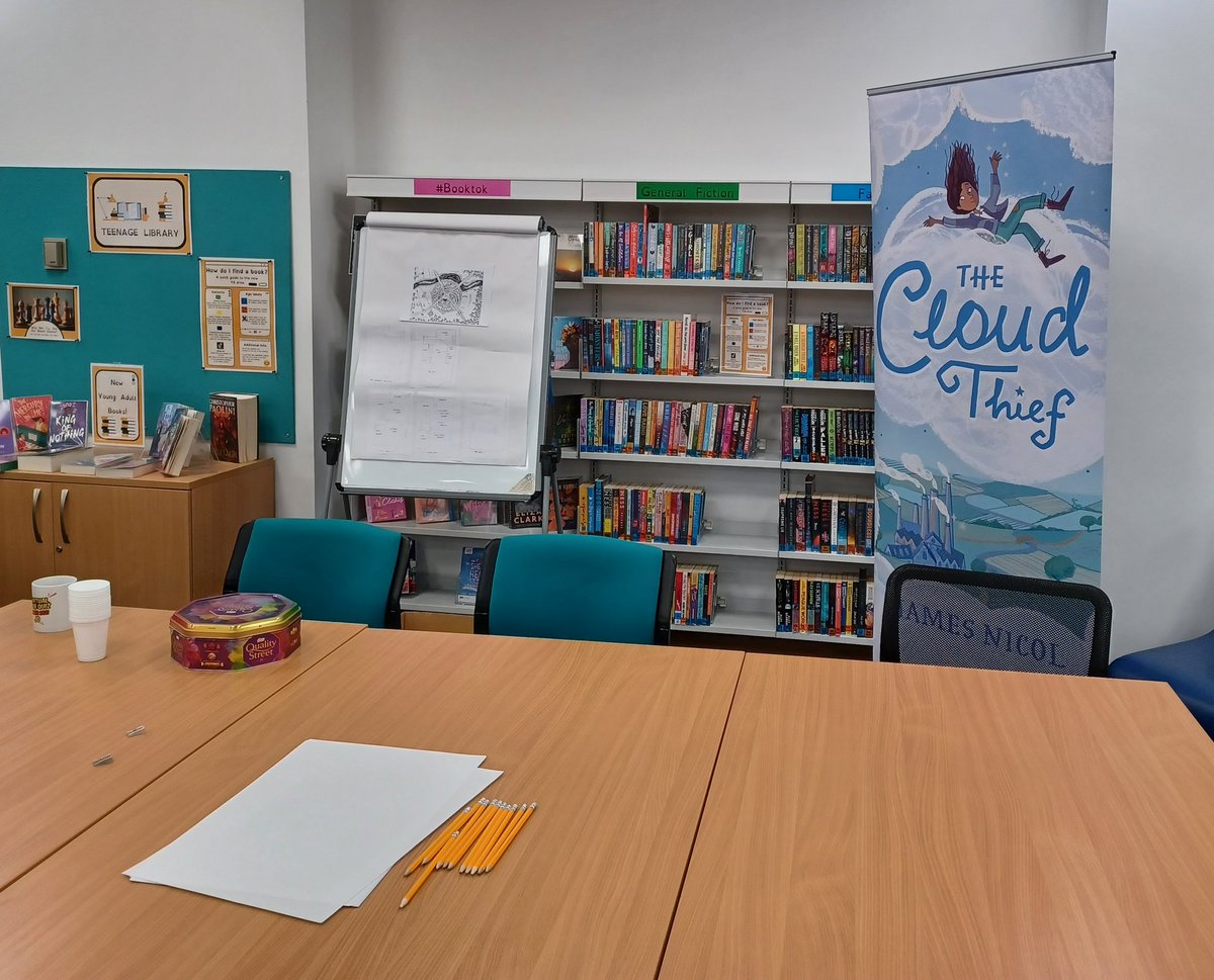 cambslib's tweet photo. We're all ready for our workshop with author James Nicol #stiveslibrary. #TheCloudThief https://t.co/T6UnWHpgYx