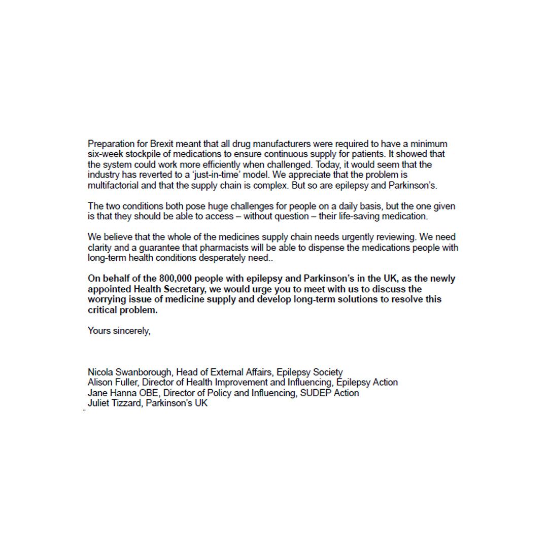 Epilepsy Society (@epilepsysociety) on Twitter photo Governments may change but medication shortages remain the same.
That is why, along with other charities, we have written to new Health Secretary <a href="/Wesstreeting/">Wes Streeting</a> calling for an urgent meeting to find an urgent solution to the problem.
<a href="/parkinsonsUK/">Parkinson's UK</a>
<a href="/epilepsyaction/">Epilepsy Action</a>
<a href="/SudepAction/">SUDEP Action</a> Governments may change but medication shortages remain the same.
That is why, along with other charities, we have written to new Health Secretary <a href="/Wesstreeting/">Wes Streeting</a> calling for an urgent meeting to find an urgent solution to the problem.
<a href="/parkinsonsUK/">Parkinson's UK</a>
<a href="/epilepsyaction/">Epilepsy Action</a>
<a href="/SudepAction/">SUDEP Action</a>