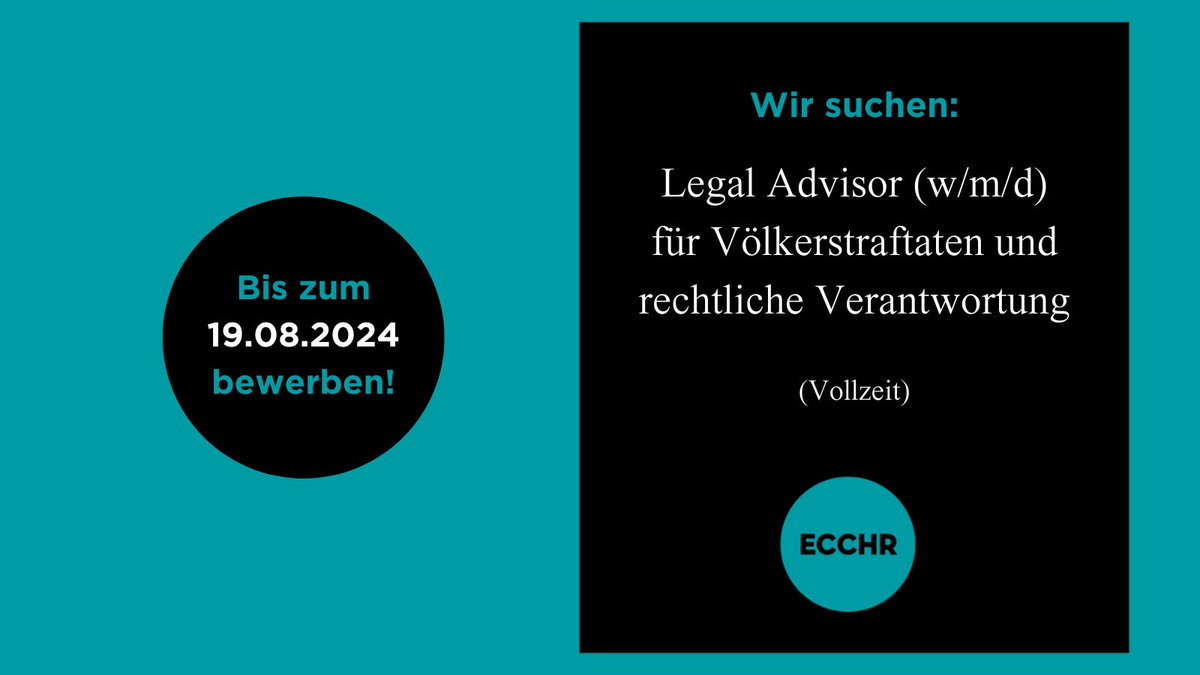 Neuer Monat, neue Chance!
Wir suchen einen Legal Advisor für unser Programm zu Völkerstraftaten und rechtlicher Verantwortung. Schwerpunkt: Fallarbeit zu Palästina/Israel. Bewirb dich jetzt und setze dich juristisch gegen Menschenrechtsverletzungen ein!
👉ecchr.eu/ecchr/stellena…