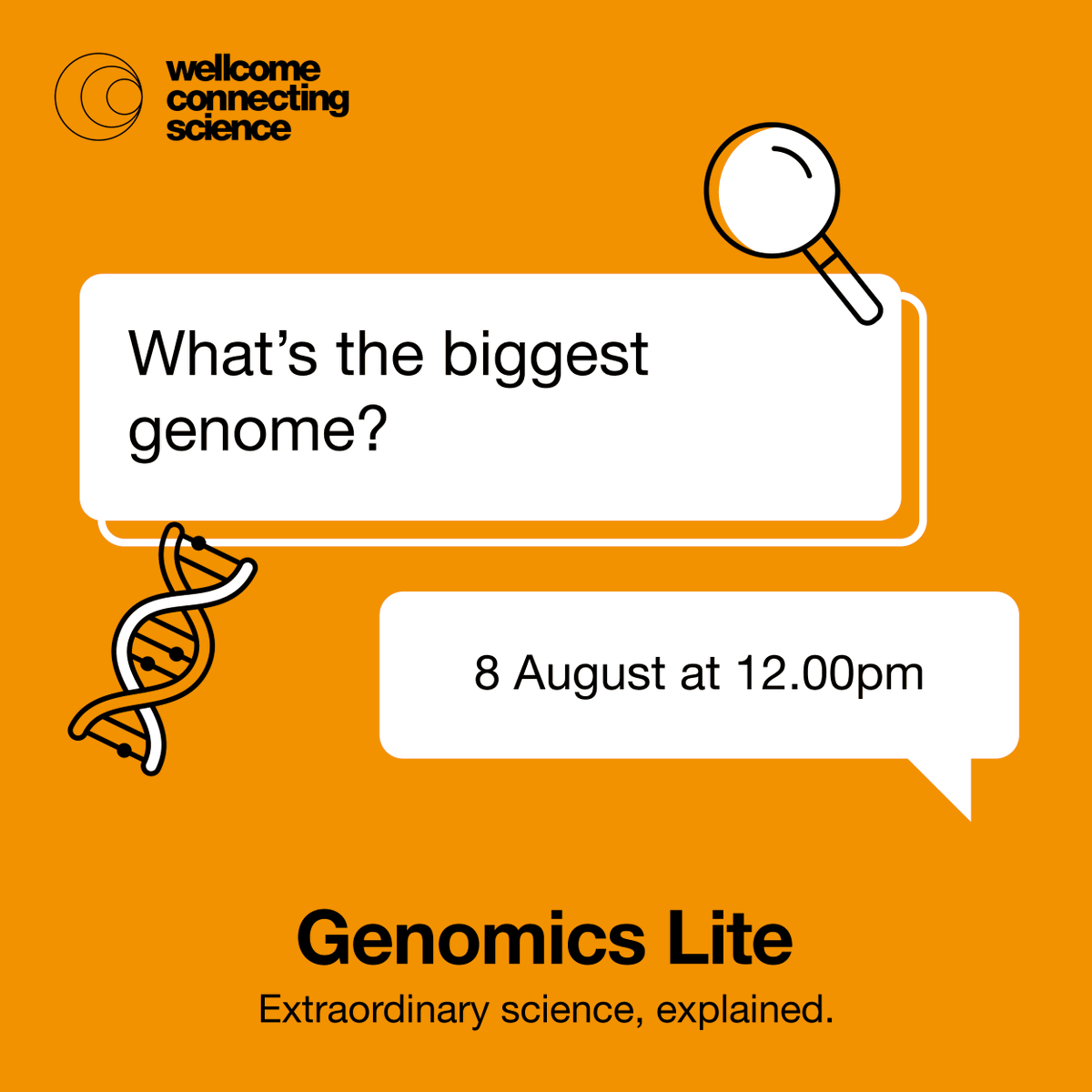 Wellcome Connecting Science Engagement and Society (@engagewcs) on Twitter photo Our next #GenomicsLite YT live will answer: ๐ช๐ต๐ฎ๐'๐ ๐๐ต๐ฒ ๐ฏ๐ถ๐ด๐ด๐ฒ๐๐ ๐ด๐ฒ๐ป๐ผ๐บ๐ฒ?
Join us on 8 Aug, 12pm, as we chat with experts from <a href="/sangerinstitute/">Wellcome Sanger Institute</a>!
๐ ๐ง๐ผ ๐ด๐ฒ๐ ๐ป๐ผ๐๐ถ๐ณ๐ถ๐ฒ๐ฑ ๐๐ต๐ฒ๐ป ๐ถ๐ ๐๐๐ฎ๐ฟ๐๐, ๐ฐ๐น๐ถ๐ฐ๐ธ ๐ป๐ผ๐๐ถ๐ณ๐ ๐บ๐ฒ - cstu.io/6c4595 Our next #GenomicsLite YT live will answer: ๐ช๐ต๐ฎ๐'๐ ๐๐ต๐ฒ ๐ฏ๐ถ๐ด๐ด๐ฒ๐๐ ๐ด๐ฒ๐ป๐ผ๐บ๐ฒ?
Join us on 8 Aug, 12pm, as we chat with experts from <a href="/sangerinstitute/">Wellcome Sanger Institute</a>!
๐ ๐ง๐ผ ๐ด๐ฒ๐ ๐ป๐ผ๐๐ถ๐ณ๐ถ๐ฒ๐ฑ ๐๐ต๐ฒ๐ป ๐ถ๐ ๐๐๐ฎ๐ฟ๐๐, ๐ฐ๐น๐ถ๐ฐ๐ธ ๐ป๐ผ๐๐ถ๐ณ๐ ๐บ๐ฒ - cstu.io/6c4595