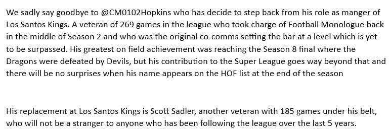 Announcement

#CM0102SL
#NewManager
#ScottSadler
#HopkinsTheLegend