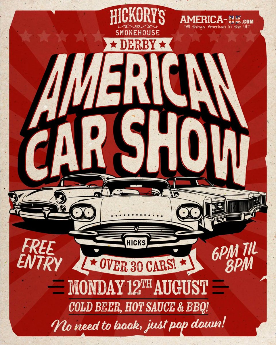 IgnitionMark's tweet photo. @Hickorys_ Derby American Car Show. Monday 12th August from 6pm - 8pm in association with @AmericaUKcom

1st Place Trophy &amp; £100 Hickory's Voucher 
2nd Place Trophy &amp; £50 Hickory's Voucher 
3rd Place Trophy &amp; £25 Hickory's Voucher 

Spread the word! https://t.co/OkxNgB9lV2
