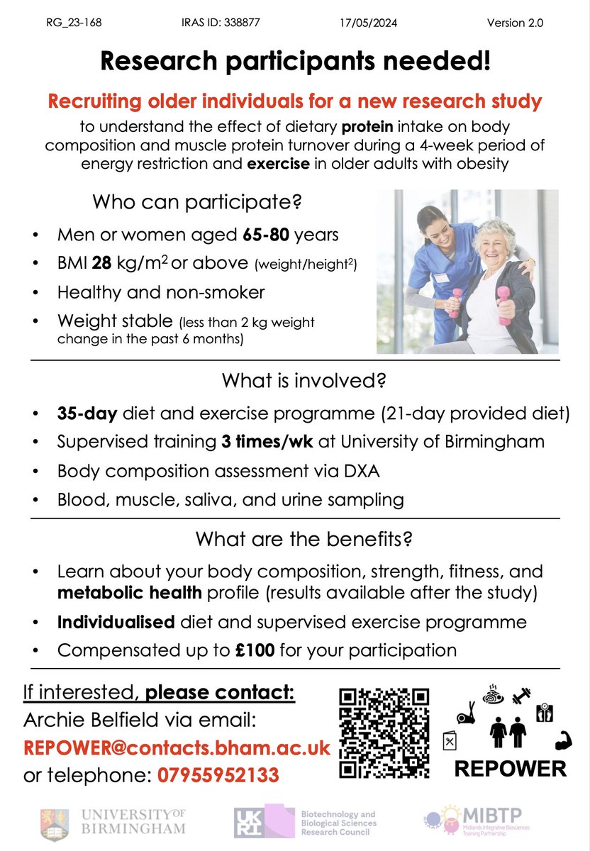UBSportExR (@ubsportexr) on Twitter photo Research participants needed!
Researchers are recruiting older individuals for a study to understand the effects of protein and exercise during weight loss.
If you are interested, please contact Archie Belfield at REPOWER@contacts.bham.ac.uk
birmingham.ac.uk/repower Research participants needed!
Researchers are recruiting older individuals for a study to understand the effects of protein and exercise during weight loss.
If you are interested, please contact Archie Belfield at REPOWER@contacts.bham.ac.uk
birmingham.ac.uk/repower