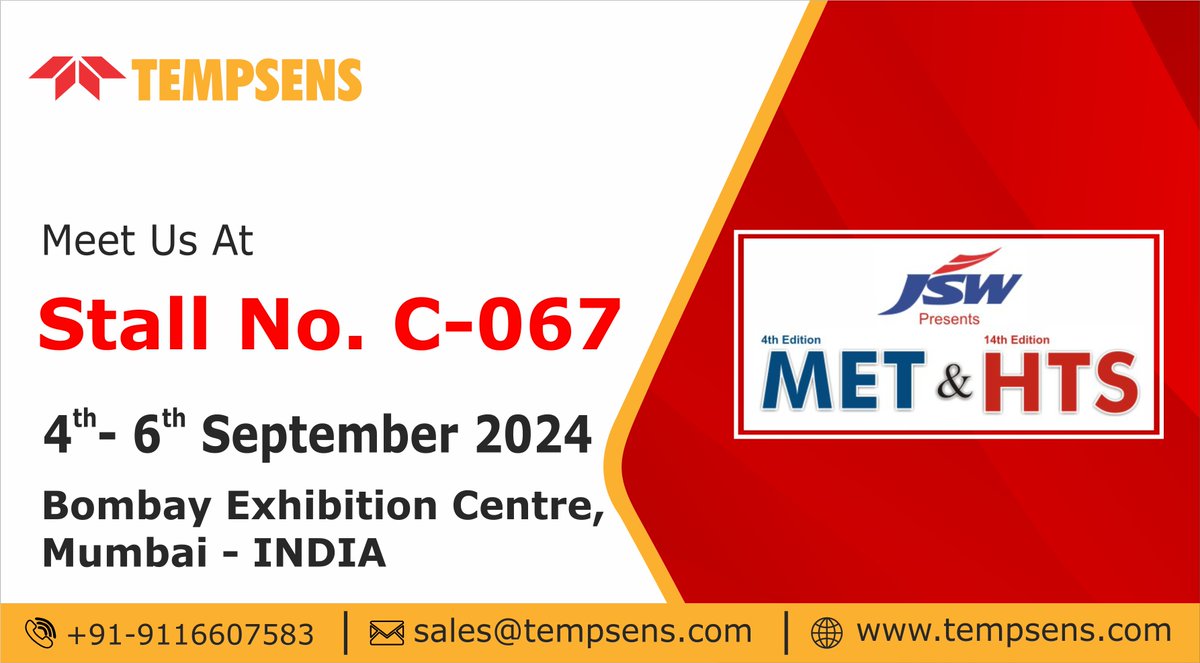 Tempsens's tweet image. Come and Meet us at #MET &amp;amp; #HTSEXPO2024-International Exhibitions  &amp;amp; Conferences on #MaterialEngineering, Equipment, Technology &amp;amp;  #HeatTreatment.
From 4th–6th September 2024 at Bombay Exhibition Centre, Mumbai, India.
Visit–Stall No. C-067
#Tempsens #RTD #cables #heaters