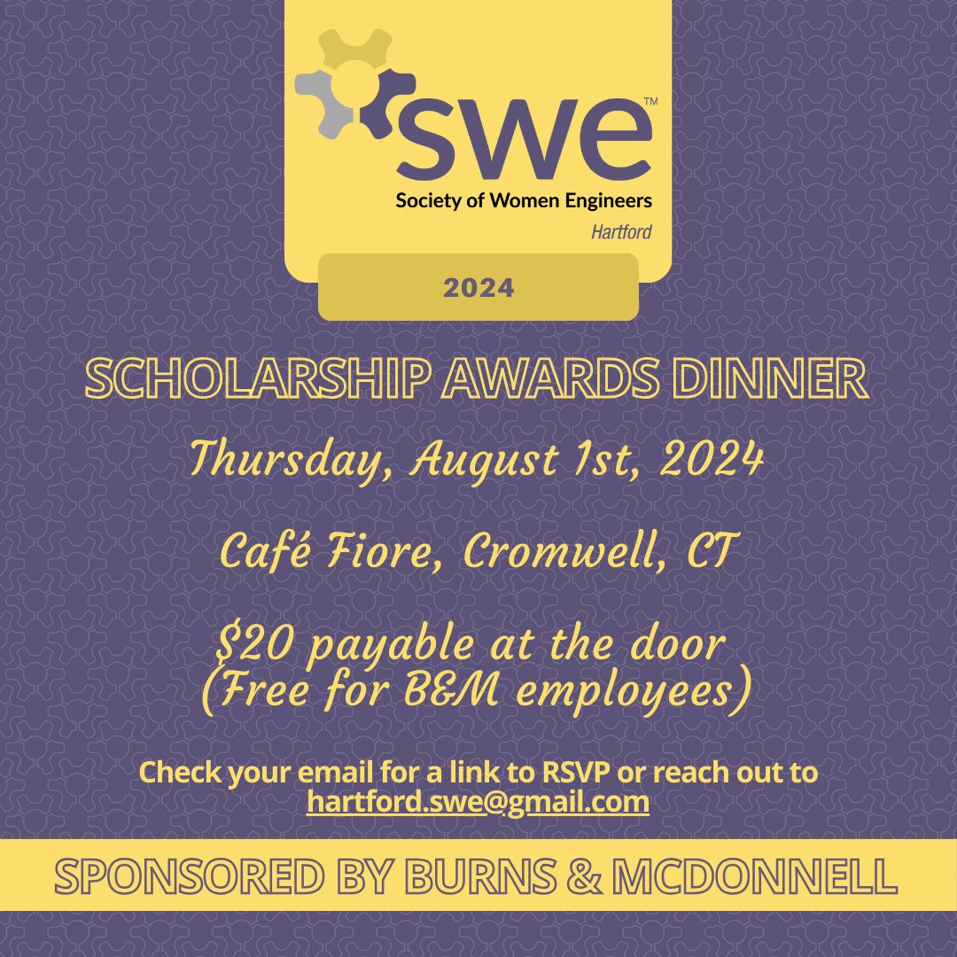 Join us for an awards presentation over an amazing dinner to congratulate SWE Hartford's deserving scholarship winner this year! 
When: Thursday, August 1, 2024 @ 5:30pm
Please RSVP for our headcount by identifying your food selection at the survey link: surveymonkey.com/r/2G7PNH8