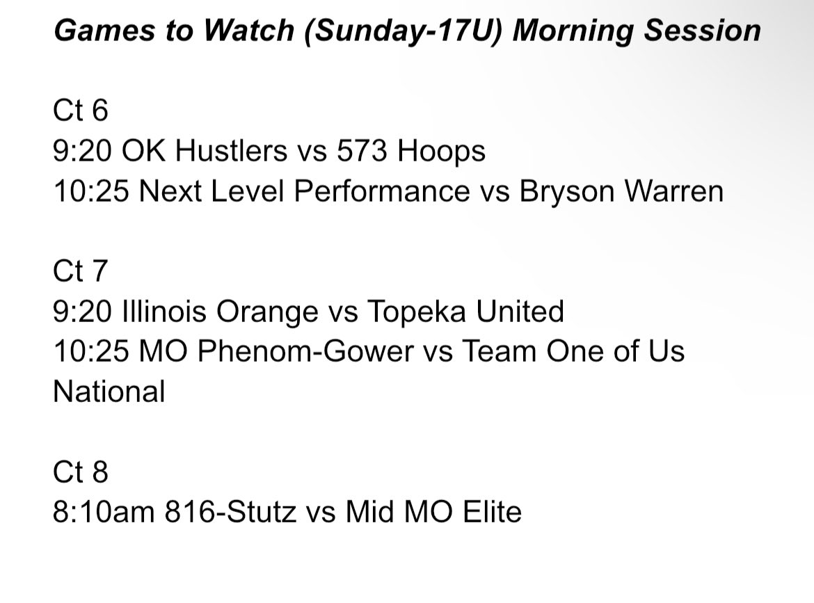 RecruitLook Hoops Kansas (@rl_hoopsks) on Twitter photo College Coaches we have a big Sunday here for you at Homefield!
Here are 17U (‘25) games to settle in and evaluate talent before the 🏆 games at 11:30
There will be guys who catch your eyes throughout!
(Games and Times Attached)
<a href="/RL_Hoops/">RecruitLook Hoops</a>
<a href="/CoachTreal2/">Coach Treal Holland II</a>
<a href="/AYSABasketball/">AmericanYouthSportsAssociation (AYSA)</a> College Coaches we have a big Sunday here for you at Homefield!
Here are 17U (‘25) games to settle in and evaluate talent before the 🏆 games at 11:30
There will be guys who catch your eyes throughout!
(Games and Times Attached)
<a href="/RL_Hoops/">RecruitLook Hoops</a>
<a href="/CoachTreal2/">Coach Treal Holland II</a>
<a href="/AYSABasketball/">AmericanYouthSportsAssociation (AYSA)</a>
