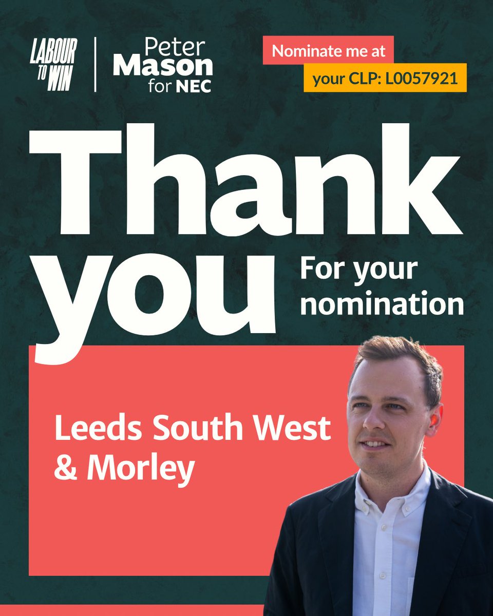 Peter Mason (@_petermason) on Twitter photo And with <a href="/HackneyNorthLab/">Hackney North & Stoke Newington Labour</a> <a href="/CPointLabour/">Castle Point Labour Party</a> & <a href="/labourpartylssw/">Leeds South West & Morley Labour Party</a>, I’ve made the ballot for the NEC 🗳️🙏
Can’t thank all three CLPs enough. Please do keep going, and nominate the full <a href="/labtowin/">Labour to Win</a> list! 🌹
labourtowin.org/internal-elect… And with <a href="/HackneyNorthLab/">Hackney North & Stoke Newington Labour</a> <a href="/CPointLabour/">Castle Point Labour Party</a> & <a href="/labourpartylssw/">Leeds South West & Morley Labour Party</a>, I’ve made the ballot for the NEC 🗳️🙏
Can’t thank all three CLPs enough. Please do keep going, and nominate the full <a href="/labtowin/">Labour to Win</a> list! 🌹
labourtowin.org/internal-elect…