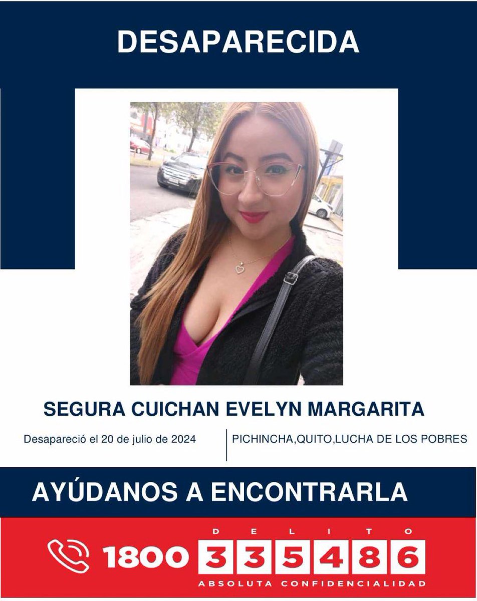 ecuainm_oficial's tweet photo. ‼️#URGENTE
Evelyn Margarita Segura Cuichan fue reportada como desaparecida el 20 de julio. Si tienes información de su paradero, comunícate con las autoridades. https://t.co/KxWIbnYP30