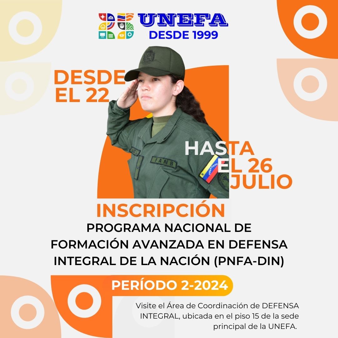 Unefa_VEN's tweet photo. ¡Atención estudiantes! 

Este lunes 22 de julio inician las inscripciones para el programa nacional de formación avanzada en defensa integral de la nación. 

Formaliza tu inscripción en la coordinación de defensa integral, ubicada en el piso 15 de la sede principal de la UNEFA. https://t.co/v9figrz36K