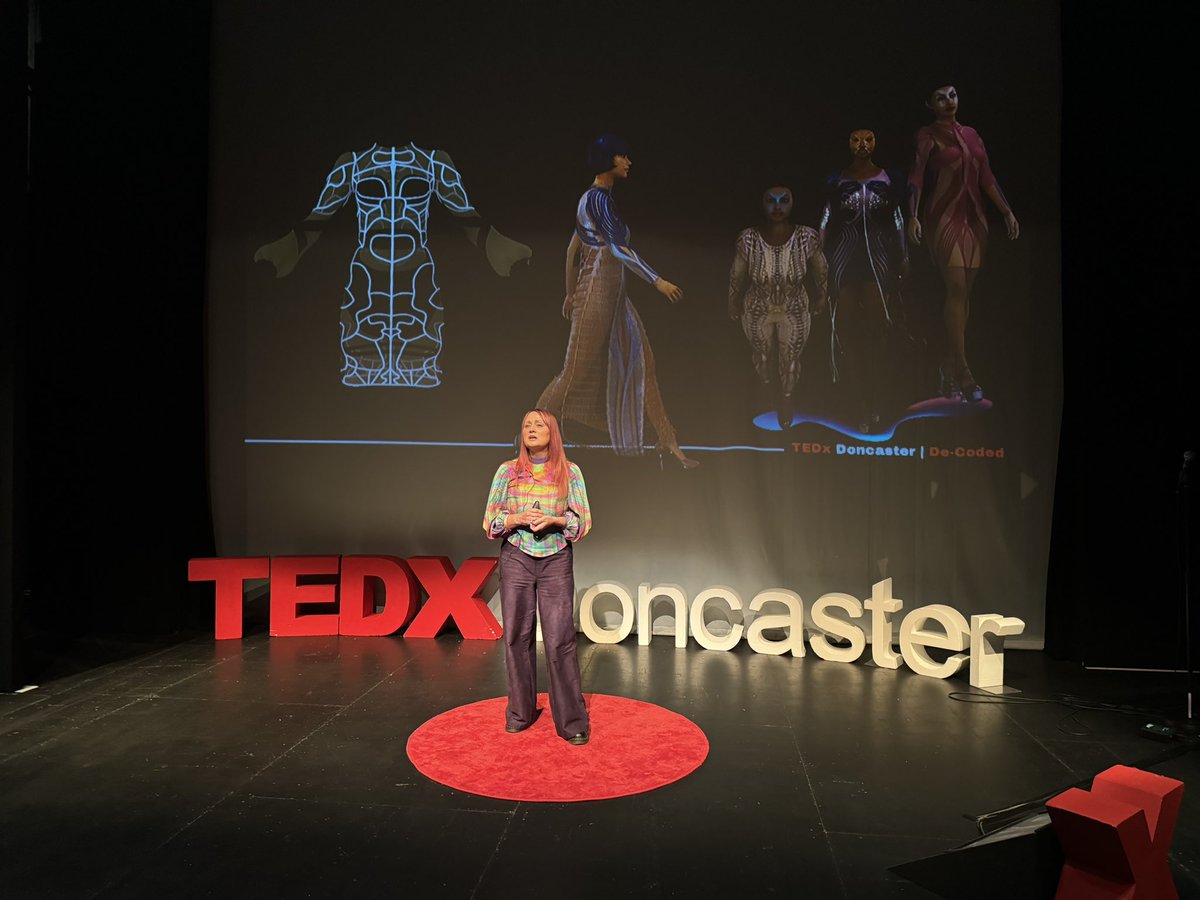 Estelle Pearce in her <a href="/TEDxDoncaster/">TEDxDoncaster</a> displaying in every sense her passion and exploration of digital fashion, blended with the the ‘felt’ reality of the sustainable ‘Fashion Fusion’ CiC <a href="/MyDoncaster/">City of Doncaster Council</a>
