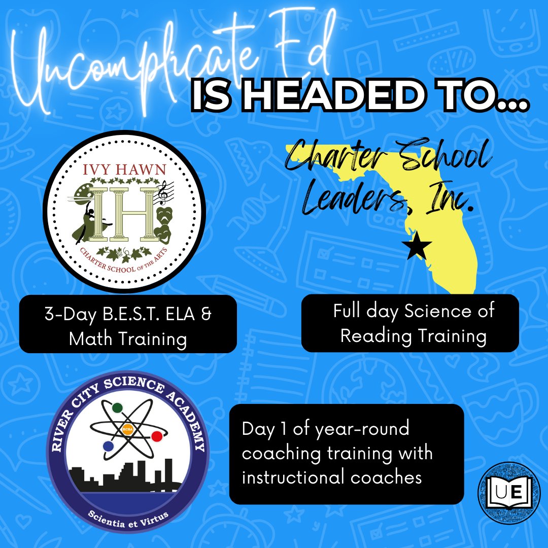 Uncomplicate_Ed's tweet photo. It's a busy week at Uncomplicate Ed! We're heading to Daytona Beach, Tampa, and Jacksonville for in-depth trainings, including a 3-day institute on standards, a full day of science of reading, and day 1 of a year-long instructional coach training. Stay tuned for updates! https://t.co/HL8p4z82Qa