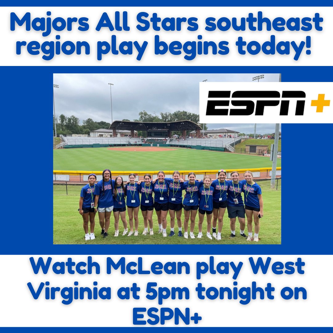 MLLUpdates's tweet photo. Tune in tonight at 5pm on ESPN+ to watch McLean Majors Softball All Stars take on West Virginia in their first game of the southeast region tournament! https://t.co/XjfTHxixUT