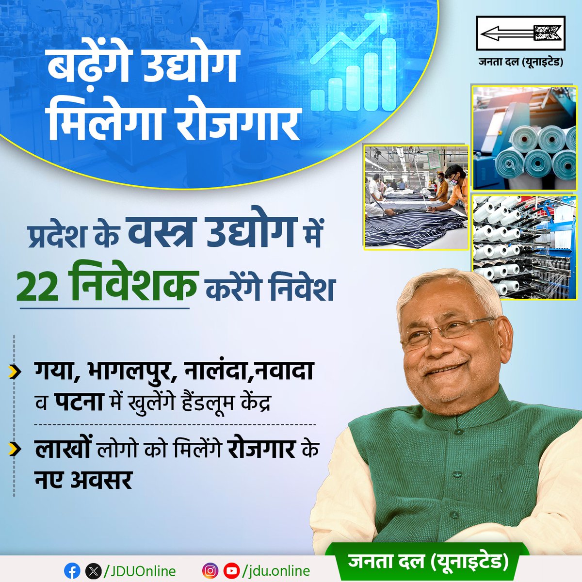 UnitedJant54042's tweet image. सरकार अब ‘हर हाथ हो रोजगार’ के लिए प्रतिबद्ध... बिहार बनेगा टेक्सटाइल उद्योग का हब।

#RojgarMatlabNitishSarkar #textilehub
#JDU #NitishKumar #Bihar #NitishModel