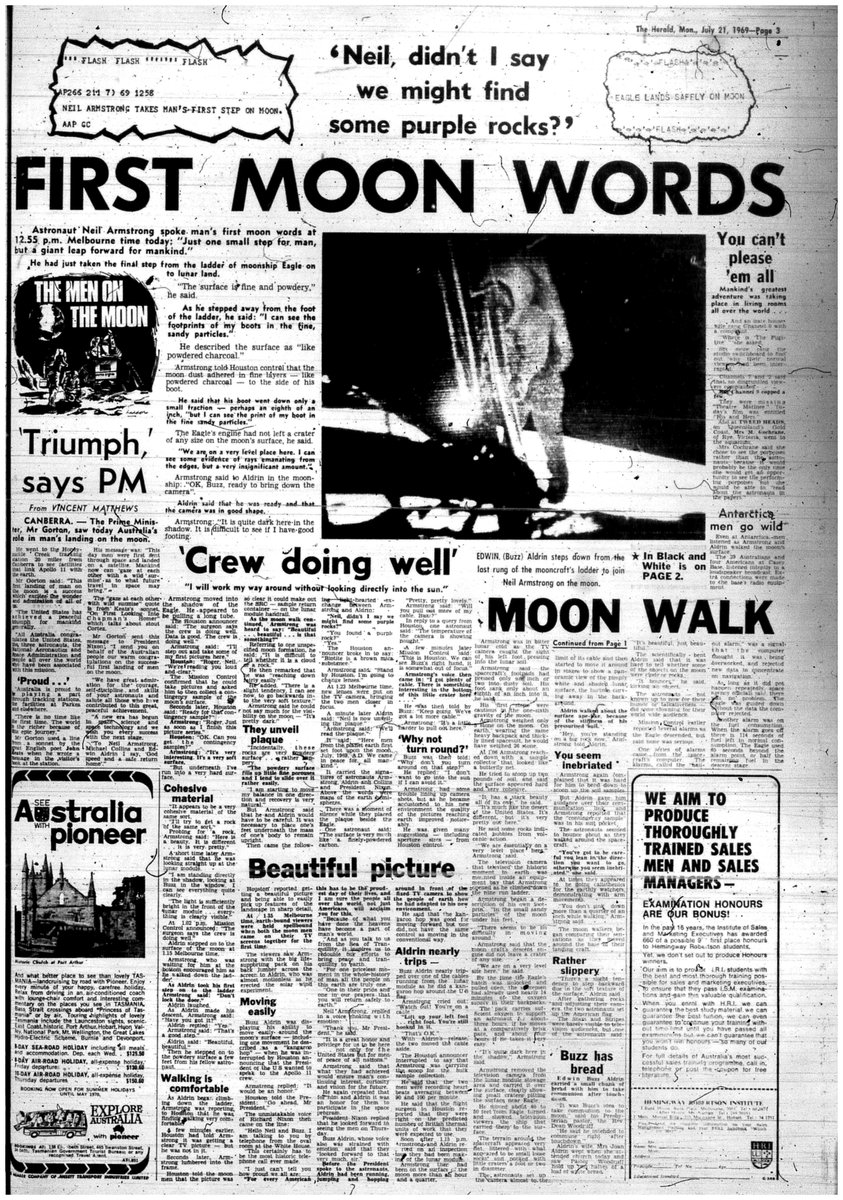 Vaxman80's tweet photo. #Apollo11 #Apollo55 #OTD
The full pages 1 (Home and Final Edition), 2 and 3 from Melbourne newspaper 'The Herald' from Monday July 21, 1969, which featured the Apollo 11 news items of that day. Follow this thread for individual details. https://t.co/qPswX7blCs
