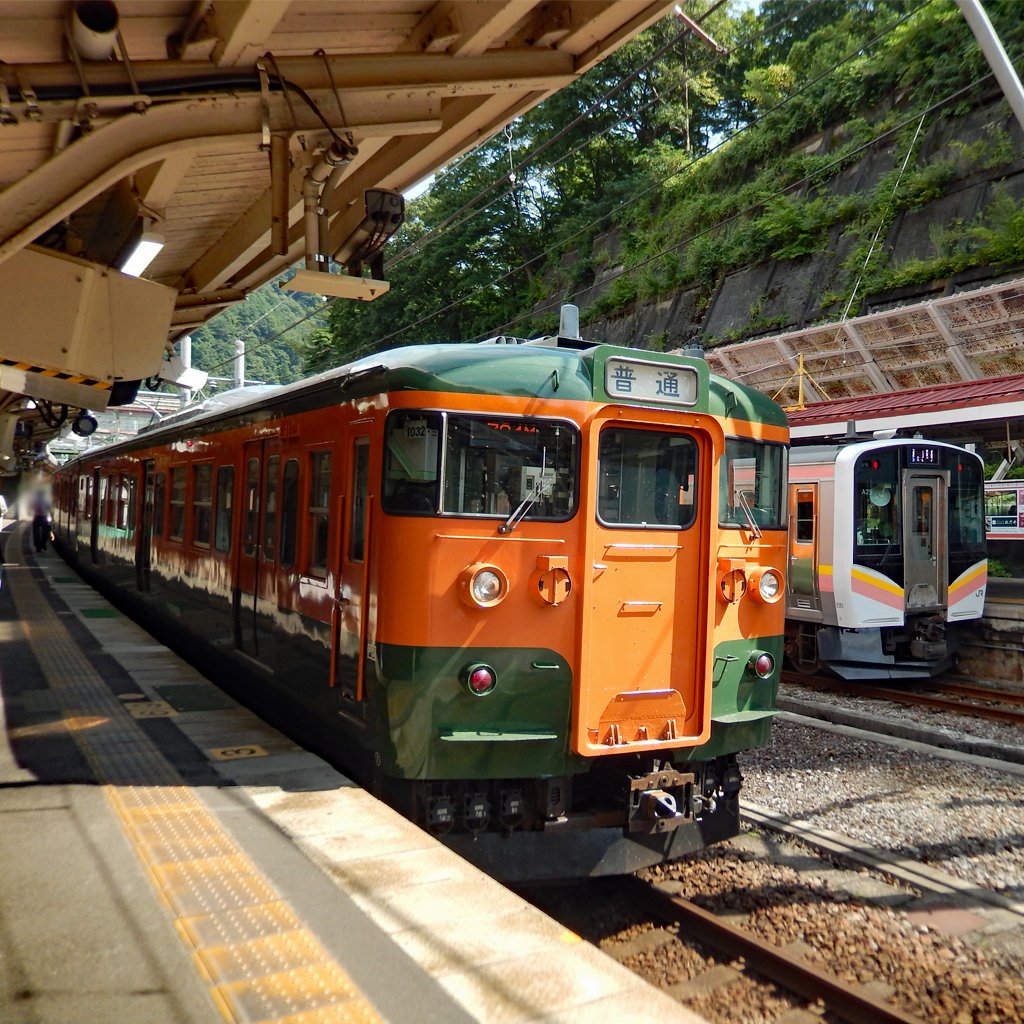 GreenwaterST's tweet photo. 【懐かしの鉄道画像】
水上駅で並ぶJR東日本115系T1032編成とE129系A25
2016年夏の水上駅です。1番線には湘南色の国鉄顔、115系T1032編成が停車中。2番線には新潟側からやって来たE129系A25編成が停まっていました。以前なら115系同士が顔を合わせていたところですよね。 https://t.co/Z7coT5aL86