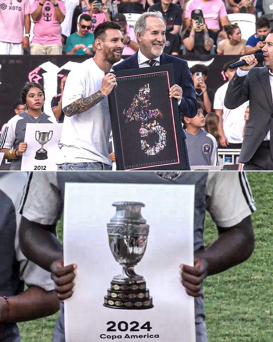 ESPNFC's tweet photo. Inter Miami honoured Lionel Messi with a special plaque ahead of their game vs. Chicago Fire, celebrating his Copa America victory with Argentina. 

They had 45 different mascots hold up a sign for each of the trophies he's won over his career 🏆 https://t.co/nhlLL1x28C