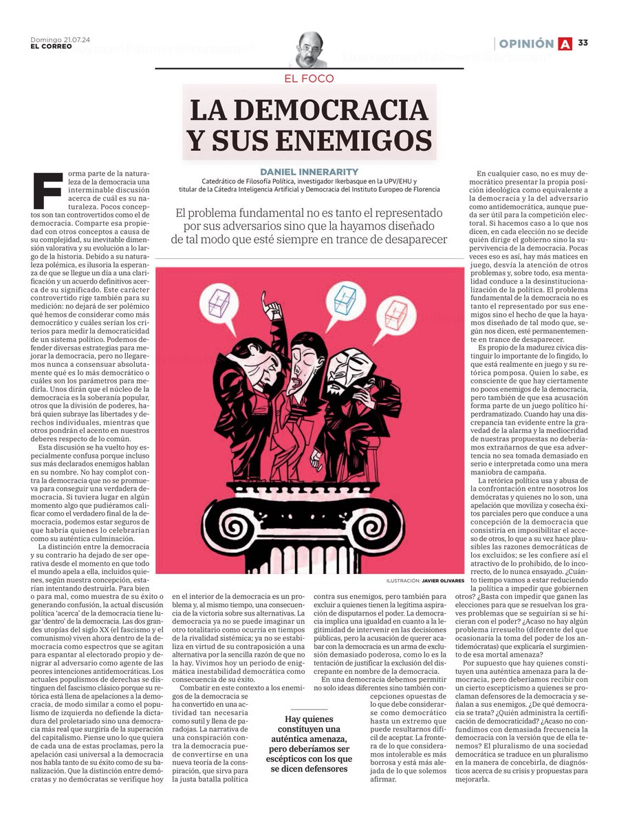 daniInnerarity's tweet photo. Publio hoy esto en El Correo sobre los actuales riesgos de la democracia. https://t.co/Nmy0C2tcXh