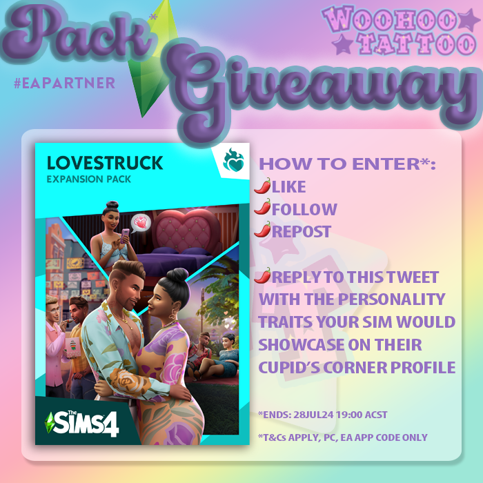 woohootattoo's tweet photo. Rit-REOW! 🌶️💋❤️

Thanks to the #EACreatorNetwork I have a spicy code for one lucky winner!

How 2 Enter: 
🌶️Like, Follow &amp; Repost this tweet
🌶️Reply telling me what traits your sim would showcase on the Cupid's Corner Dating App!

Ends 28JUL 19.00 ACST- EA App Only 💜#EAPartner https://t.co/wxsmWqUlPS