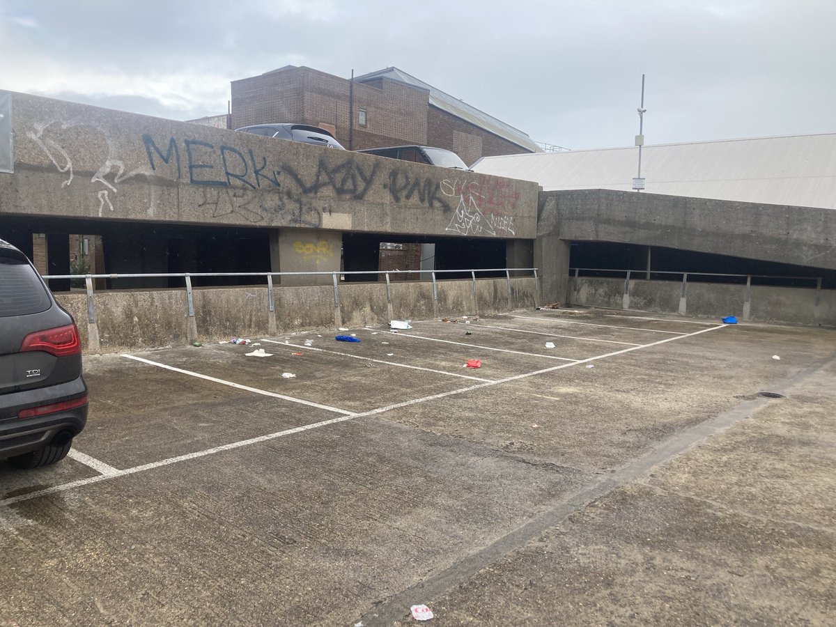 JonCarter5's tweet photo. ⁦@DreamlandMarg⁩ what are you doing about the disgusting state of the Arlington car park? There is trash everywhere and the stairs are blocked with junk. Just sort it out please, now. https://t.co/rwtpPjY4Tz