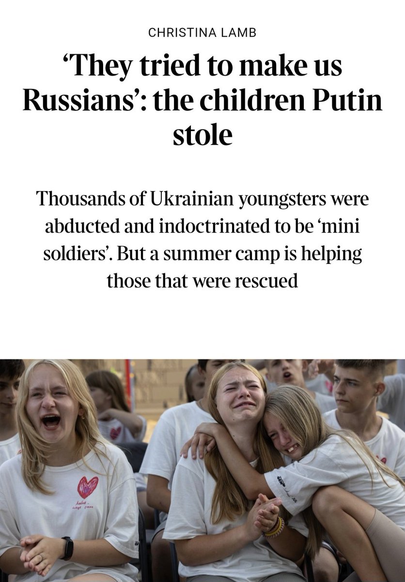clarenafo's tweet photo. ‘They tried to make us Russians’: the children Putin stole

Thousands of Ukrainian youngsters have been abducted by Russia and indoctrinated to be ‘mini soldiers’. But a summer camp is helping those that were rescued.

🔴 Russian forces have abducted thousands of Ukrainian children during the invasion, with the aim of "re-educating" them and turning them into Russians. This is a war crime, and arrest warrants have been issued by the International Criminal Court for Vladimir Putin and Maria Lvova-Belova, Putin's children's commissioner.

🔴 The exact number of abducted children is unknown, with estimates ranging from 20,000 to 720,000. Fewer than 600 have been rescued so far.

🔴 The children are subjected to indoctrination in Russian schools, where they are taught that Russia is a great country and Ukraine is bad. They are also forced to participate in pro-Russian activities, such as singing the Russian anthem and making socks for Russian soldiers.

🔴 Those who resist indoctrination face punishment and even being sent to military schools to fight for Russia.

🔴 The children who have been rescued are traumatised by their experiences and require intensive therapy to help them recover.

🔴 A special camp in northwest Ukraine is providing therapy and support to children who have been rescued from forced abduction or occupation.

🔴 One boy from Kherson, now 15, recounted how he was stepped on by Russian soldiers and told: “You will make bullets with which to kill Ukrainians.”

🔴 The children are struggling to trust adults and develop friendships, and they are fearful of being even a minute late for anything.

🔴 “Children who return from Russian occupation are like mini-soldiers,” said Vannui Martyrosian, 33, the lead psychologist sitting with her black labrador Lola, who she jokes is the main therapist. But even on Lola, war has taken its toll. She has turned grey and developed epilepsy because of the stress of shelling and air raid sirens.

🔴 “They are all very well behaved in a negative way, fearful of being even a minute late. It’s painful to see.”
Unlike previous camps, she said, “This time it took us much longer to develop contact with these children as adults are a source of danger for them.”

🔴 “For two years they’ve been told, ‘Ukraine doesn’t exist, we [Russia] are a large beautiful country that saved you’,” she said.