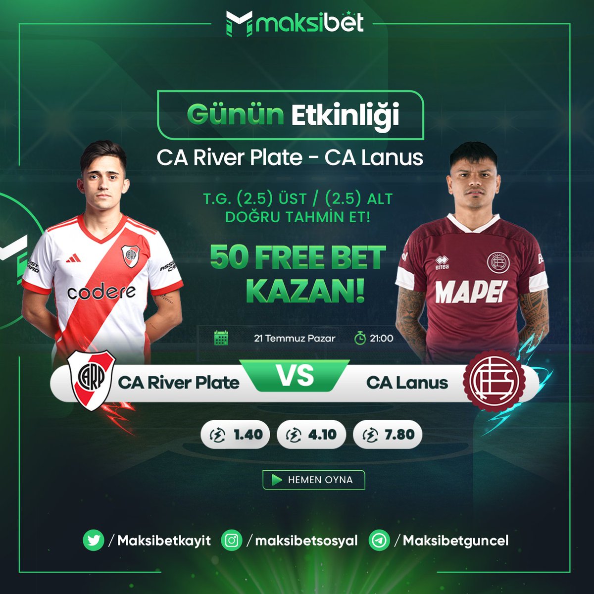 Maksibetkayit's tweet photo. 📢 #Maksibet' te #FREEBET ZAMANI

➡️ T.G 2.5 ÜST / 2.5 ALT
Doğru cevabı bil 🥳 5⃣0⃣ #Freebet 'i kap

⚽️ #CARiverPlate 🆚 #CALanus

⚡️ @Maksibetkayit takip
🔝 RT + FAV+Kullanıcı adı
👉 Son işlem yatırım

🍀 https://t.co/XE0oipERW5

#etkinlik #futbol #spor https://t.co/NjHWx1skfl