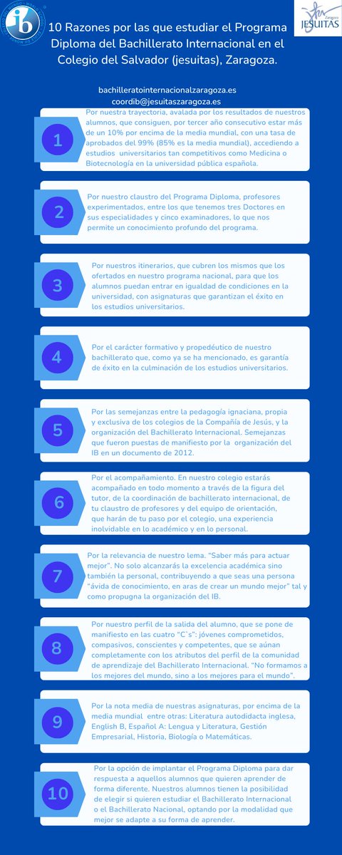 Jesuitas_ZAR's tweet photo. Te presentamos las 10 razones por las que estudiar el Programa Diploma del Bachillerato Internacional con nosotros. Más información en https://t.co/hrcCsx4XFj y coordib@jesuitaszaragoza.es https://t.co/NXgT1Kcv9t