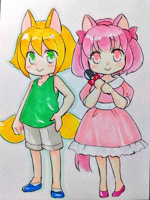 〜キャラ紹介〜☆夏服のサツキ(左)ベルちゃんのファンぬいぐるみが大好き(秘密にしてる)☆ねこみみアイドル ベルちゃん(右)サツキの推しのアイドル王都で大人気#イラスト#イラスト好きな方と繋がりたい #オリキャラ#アナログイラスト#一次創作 