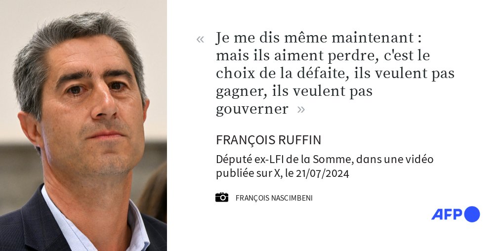 afpfr's tweet photo. 🗳️ Le député ex-LFI François Ruffin dénonce la "nullité" de la gauche, incapable de donner un nom pour Matignon, et se demande dans une vidéo sur X si elle ne fait pas le "choix de la défaite" en n'essayant pas de prendre des "bouts du pouvoir" #AFP https://t.co/7aaJ1lwhB1