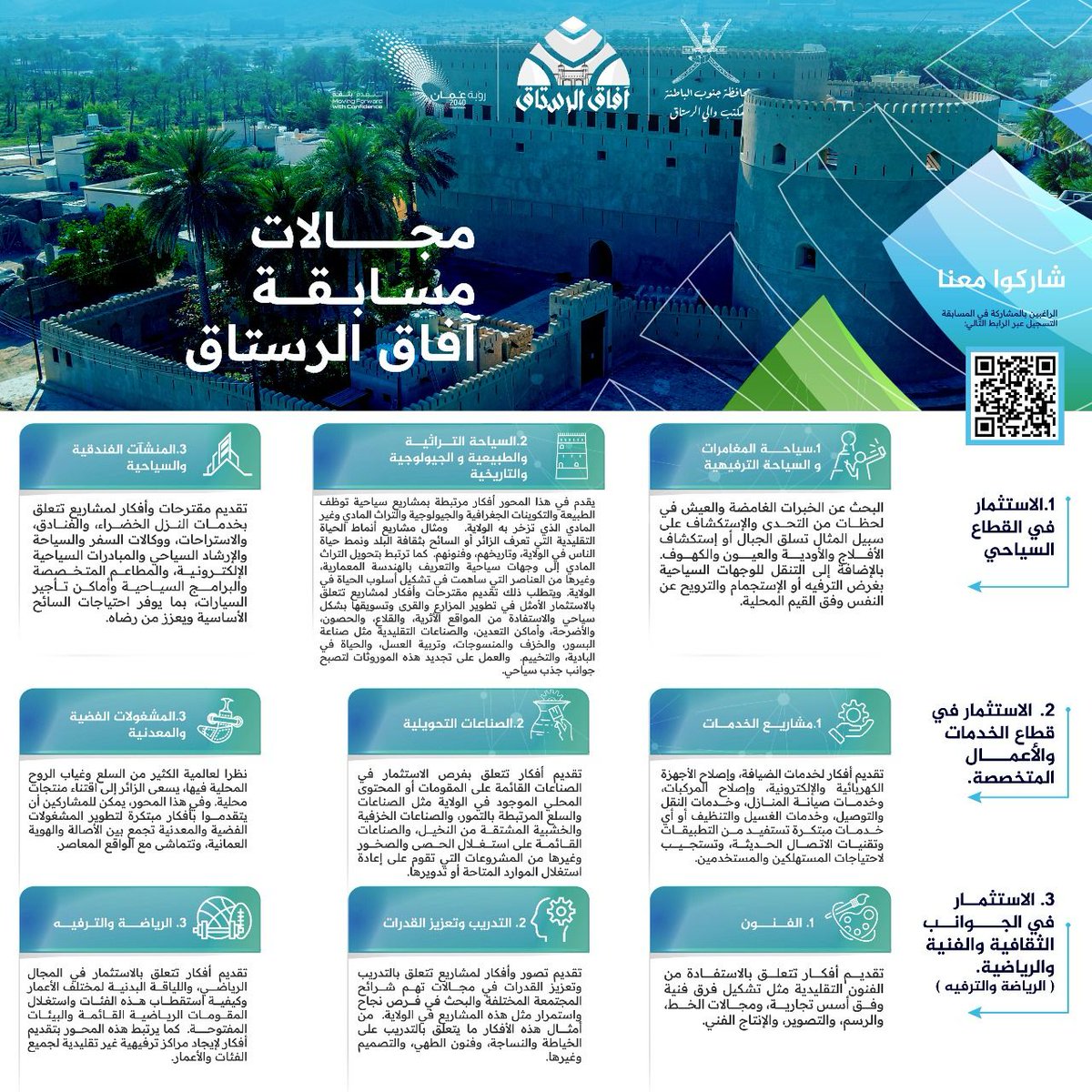 InnovOasis's tweet photo. وتشمل المسابقة ثلاث مجالات أساسية: الاستثمار في القطاع السياحي،والاستثمار في قطاع الخدمات والاعمال المتخصصة،والاستثمار في الجوانب الثقافية والفنية والرياضية. @bsGovernate @utas_rustaq @RustaqArt @rustaq_nwes @Rustaq_Gate @oaip_oman @moheriom @ipmoman https://t.co/UFtPDpXx1f