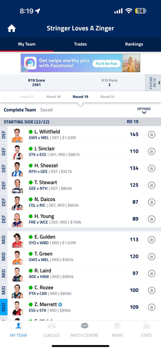 2 points of the weekly winner, what a round 😭😭😭 #AFLFantasy