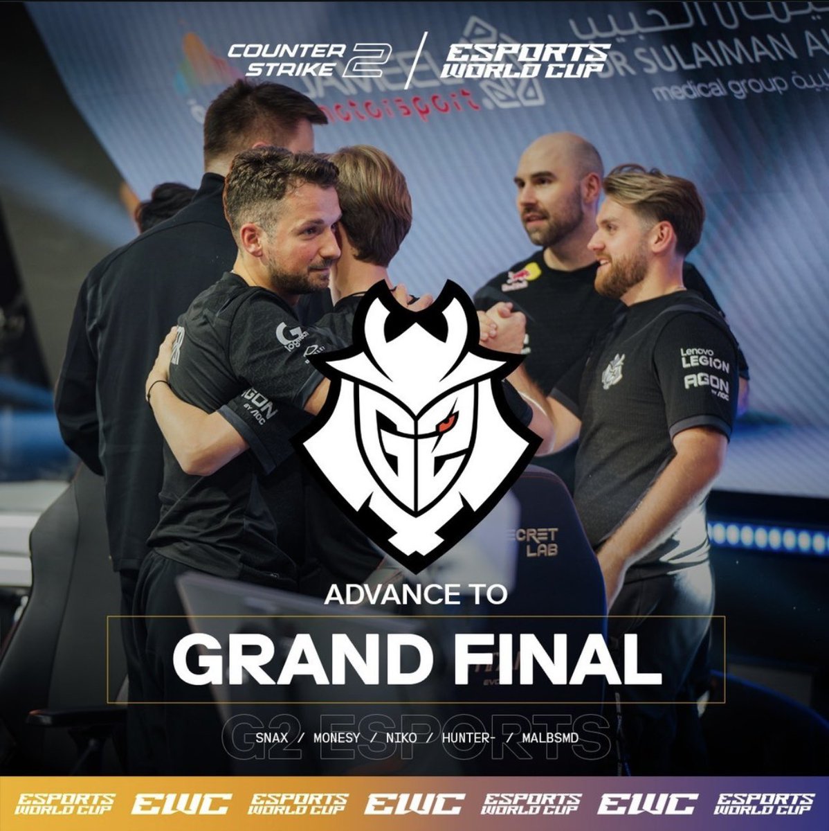 #CS2 GRAND FINALISTS ARE <a href="/G2esports/">G2 Esports</a> and <a href="/natusvincere/">NAVI</a>🔥

Today they will battle it out for the top prize at the #esportsworldcup 

You can watch the final on Gameness Youtube and Twitch channels!

⏰ 9PM (GMT+3)

• Twitch.tv/gamenessapp
• Youtube/<a href="/gamenessapp/">Gameness</a>