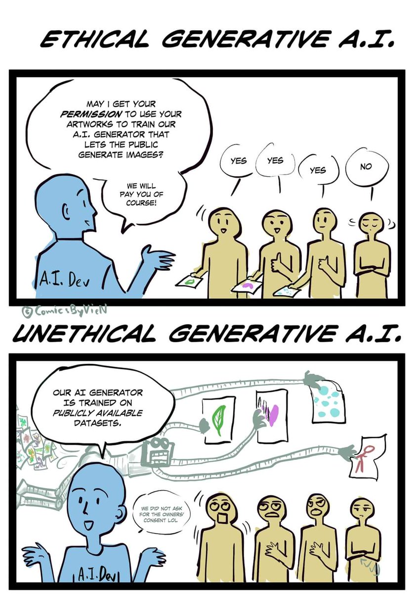 numbersprotocol's tweet photo. Consent is everything.
Simple illustration on Responsible and Ethical AI in creative industry.

Illustration by @ComicsByVieN 

#EthicalAI #CreativeOrigins https://t.co/0Hce7hpiI3
