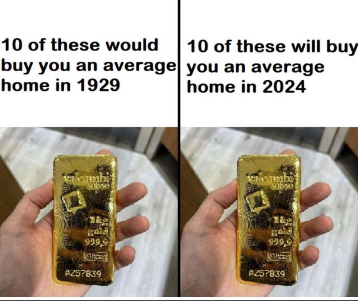 Dr_MokhlesNazer's tweet image. هذه الصورة توضح  كيفية عمل النظام  النقدي العالمي الحالي : 

في عام 1929، كان متوسط ​​سعر المنزل في الولايات المتحدة حوالي 6 آلاف دولار.
كان 10 كجم من الذهب يساوي 7 آلاف دولار، وبالتالي كان كافيًا لشراء منزل متوسط ​​الحجم في الولايات المتحدة.

في عام 2024، يبلغ متوسط ​​سعر المنزل…