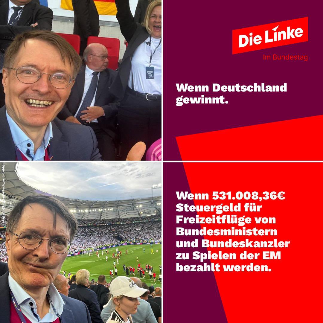 LINKEPELLI's tweet photo. Um Spiele der deutschen Nationalmannschaft zur #EURo2024 zu sehen haben Bundesminister und Kanzler mal eben 531.008,36€ ausgegeben. Währenddessen wird die Deutsche Bahn kaputt gespart oder die Kindergrundsicherung auf die lange Bank geschoben. Unverantwortliche Prioritätensetzung!

#dielinke #links #linke #fußball #Kindergrundsicherung #Flugbereitschaft #Faeser #Baerbock #Scholz #Ampel