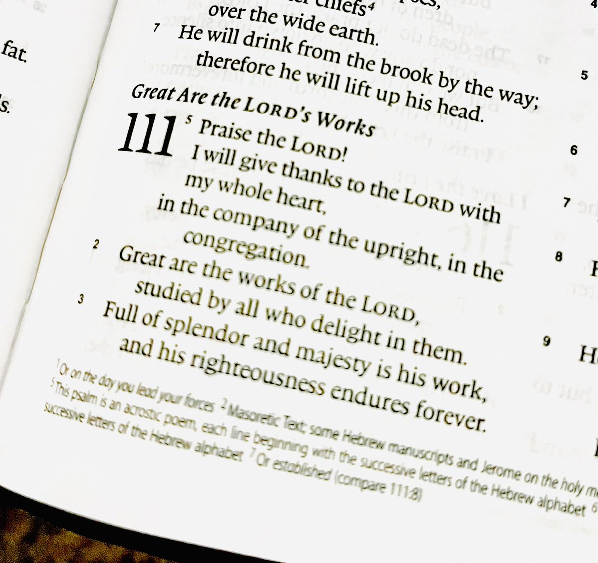 Praise the Lord
I will give thanks to the Lord
with my whole heart
in the company of the upright
in the congregation
Great are the works of the Lord
studied by all who delight in them
Full of splendor and majesty is his work
and his righteousness endures forever
Psalm 111:1-3