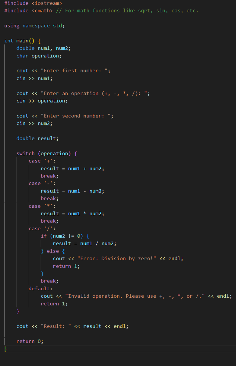 ELPIS_05's tweet photo. 🚀 Just wrote my first C++ code—a basic calculator! It’s fascinating how seemingly simple programs involve a web of foundational concepts. Despite the struggles, I gave it my best effort. Now, I’m eagerly looking forward to learning more. #CodingJourney 💡 https://t.co/pR0xhPIZb5