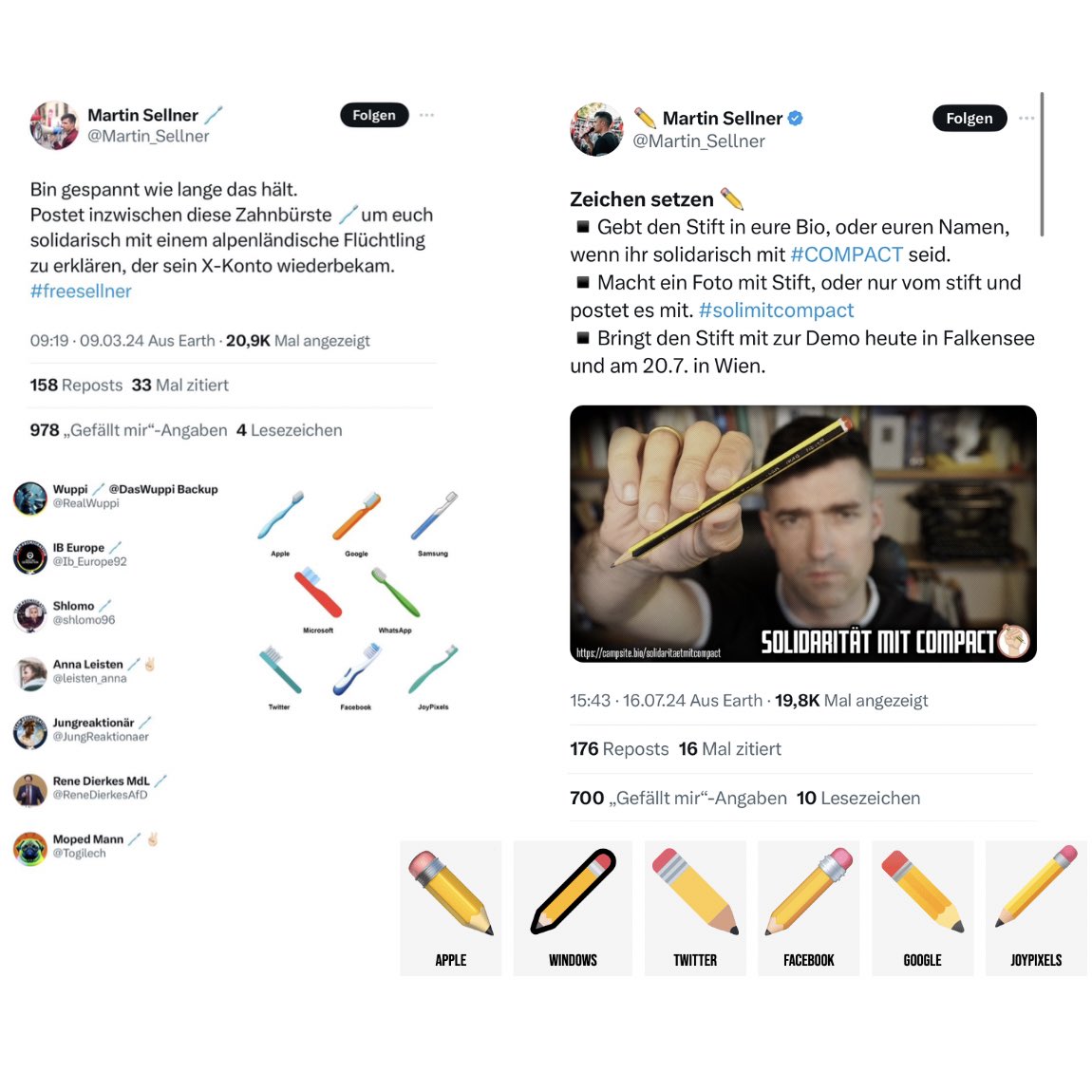 Mica4711's tweet image. Rechtsextremisten noch leichter erkennen: Die Sellner-Bande und ihr Sympathisanten-Umfeld haben wegen des #Compactverbot|s die Zahnbürste weggelegt und geben sich nun mit einem „Stift des Widerstands“ im Profil zu erkennen. 

🪥 x.com/martin_sellner…

✏️ x.com/martin_sellner…