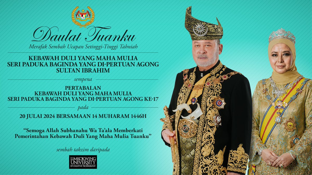 Limkokwing_MY's tweet image. Daulat Tuanku!

Merafak sembah ucapan setinggi-tinggi tahniah KDYMM Seri Paduka Baginda Yang di-Pertuan Agong Sultan Ibrahim sempena Istiadat Pertabalan sebagai Seri Paduka Baginda Yang di-Pertuan Agong Ke-17.