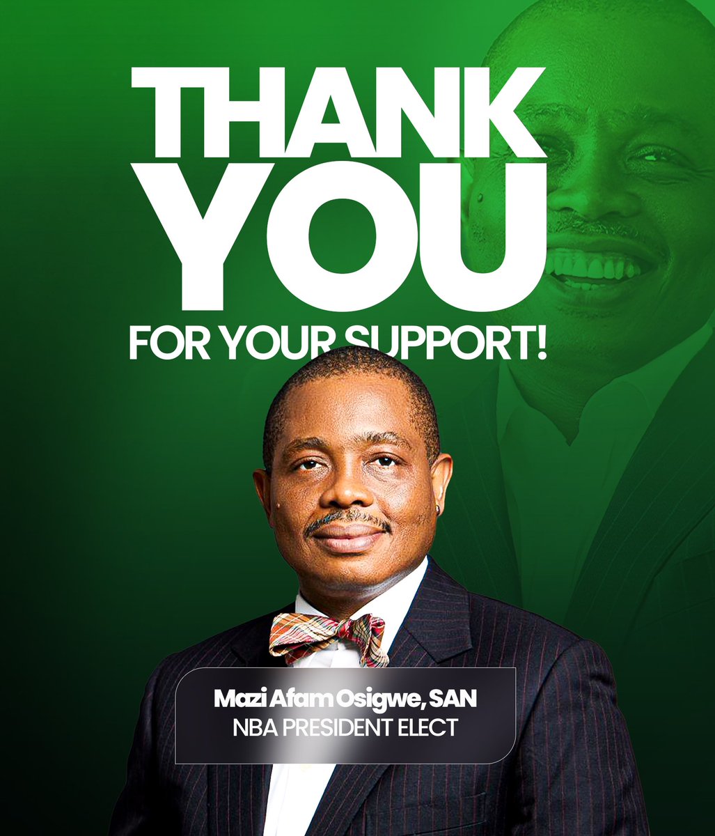 APPRECIATION AND ACCEPTANCE STATEMENT
 
Distinguished Colleagues,
 
I am enormously grateful for the privilege and honour to be entrusted with the responsibility of piloting the affairs of the Nigerian Bar Association (NBA) effective end of August, 2024. 

The outcome of the NBA