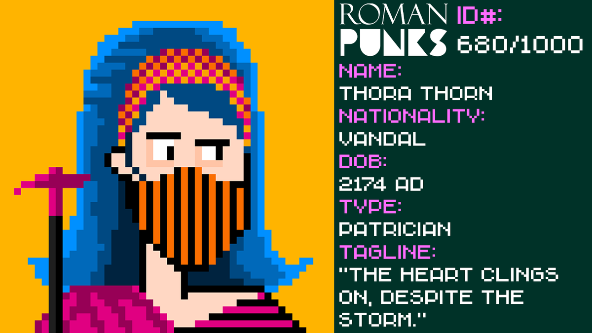 RomanPunksNFT's tweet photo. ποΈπΊπ¦
π
RomanPunk#680 - Thora Thorn
Born 2174 AD in Saldae to a patrician Vandal family, Thora is the hotel concierge at the Atlanta Hotel in Neo-Carthage and the enduring wife of the bitter and crippled junkie veteran Wulfric. Thora possesses a quiet strength and a deep sense of loyalty, caught between her disapproval of Wulfβs dangerous extortion schemes and her unwavering support for him. As a result, she provides a stabilizing force and moral compass for her husband while longing for a more peaceful and stable life.
#2 Mint WAX Giveaway on our Discord (ππ³) #pixelart #cyberpunk #romanpunk
