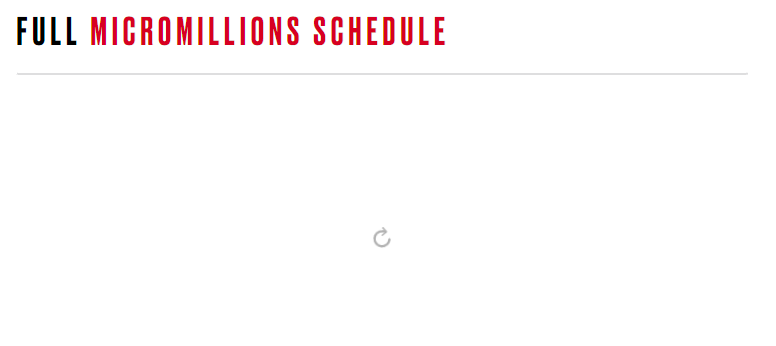Gambledook's tweet photo. @PokerStars the micromillions schedule isn't loading for me, just has a loading icon. Not sure why this isn't just a HTML table. It's the only thing on the page I want to see and it's the only thing on the page not displaying.
https://t.co/YWHOqJPSDv

Screenshot below: https://t.co/IyuKWbjqny