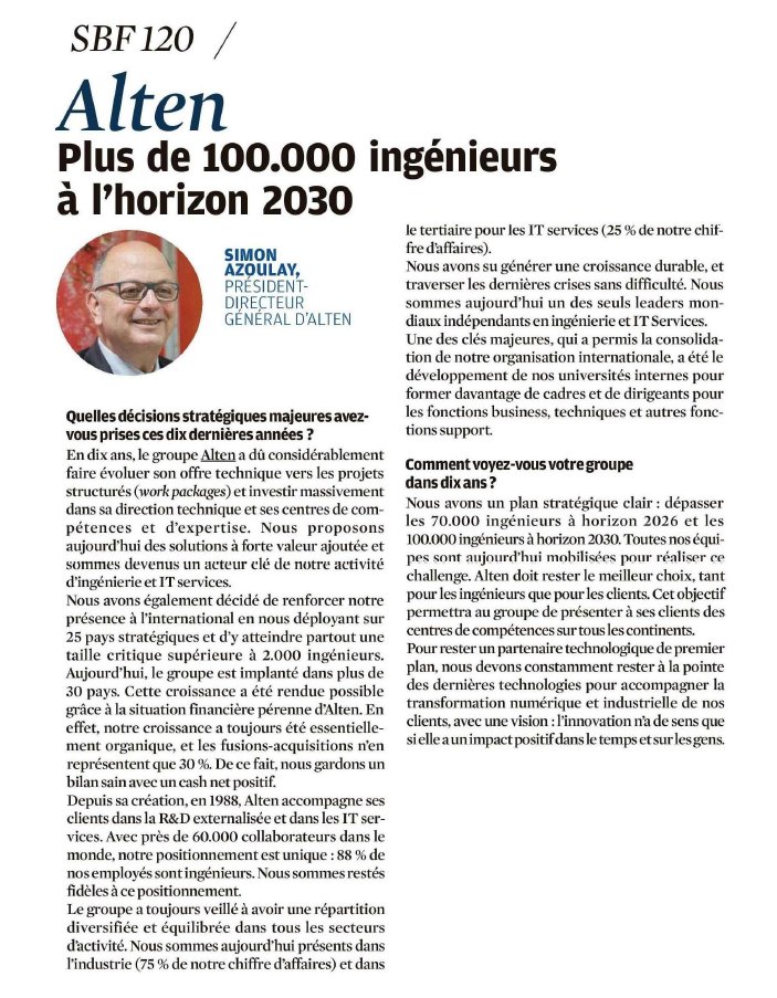 Plus de 100 000 ingénieurs à l'horizon 2030 - Simon Azoulay, président-directeur général d'ALTEN, prend la parole dans le journal <a href="/InvestirFr/">Investir</a> ➡️
#Investir #Innovation #Ingénierie #ALTEN