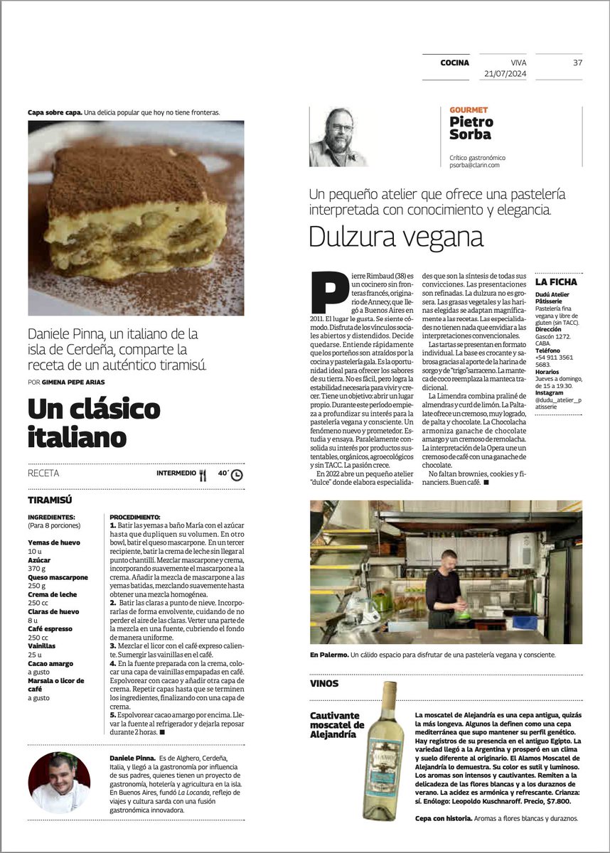 @PietroSorba (@pietrosorba) on Twitter photo Buen día. Comparto con Uds. mi nota del domingo en #revistaviva <a href="/claringourmet/">Clarín Gourmet</a> <a href="/clarincom/">Clarín</a>. Hoy la pasteleria vegana y sin TACC #DuduAtelierPatisserie. El vino de la semana es el <a href="/AlamosWinesAr/">Alamos Wines ARG</a> Moscatel de Alejandria. Buena lectura. Aquí va el link:
clarin.com/gourmet/palerm… Buen día. Comparto con Uds. mi nota del domingo en #revistaviva <a href="/claringourmet/">Clarín Gourmet</a> <a href="/clarincom/">Clarín</a>. Hoy la pasteleria vegana y sin TACC #DuduAtelierPatisserie. El vino de la semana es el <a href="/AlamosWinesAr/">Alamos Wines ARG</a> Moscatel de Alejandria. Buena lectura. Aquí va el link:
clarin.com/gourmet/palerm…
